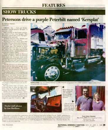 Earl and Debbie Peterson's Peterbilt 379 showtruck, Kersplat, featured in the November 22-December 5, 1999 issue of The Trucker